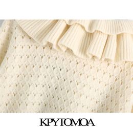 KPYTOMOA Women Fashion Hollow Out Ruffled Cropped Knitted Sweater Vintage High Neck Long Sleeve Female Pullovers Chic Tops 201204