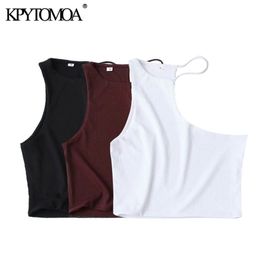KPYTOMOA Women Sexy Fashion Asymmetry Cropped Knit Tank Tops Vintage Sleeveless Stretch Slim Female Camis Mujer 220318