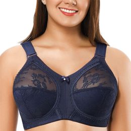 Sexy Blue Lace Mesh Bra Women Wire Free Embroidery Sexy Lingerie Lace Bralette Big Size B C D E F G H I 36 38 40 42 44 48 50 220519