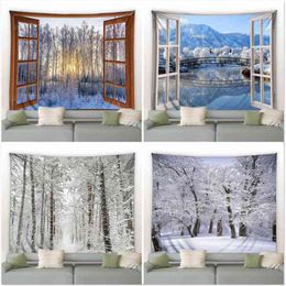 Tapestry Window Outside Snowflake Forest Tapestry Winter Landscape Wall Carpets