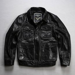 hunting oil UK - Lapel multi-pocket oil-waxed sheepskin leather jacket hunting pilot