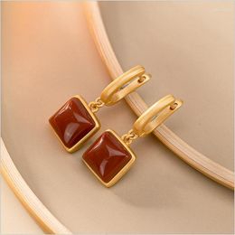 Dangle & Chandelier Natural South Red Chalcedony Geometric Square Earrings Chinese Style Retro Unique Ancient Gold Craft Charm Women's Brand