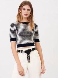 Women's Sweaters Tweed Crew Neck Sweater Spring and Autumn Striped Contrasting Slim Shortsleeved Knitted Top Womenwomen's