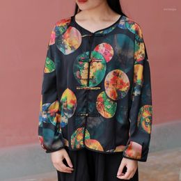 chinese style shirts women UK - Women's Blouses & Shirts Johnature Women Vintage Polyester O-Neck Long Sleeve Print Floral Button Clothing 2022 Spring Chinese Style Blouse