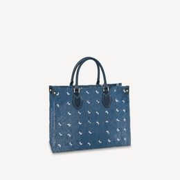Bags Designer Explosion Tote Bag M59608 Handbag Navy Blue Denim Jacquard Textile Calf Leather Trim Gold Hardware Flat Zipped Pocket Shoulder Straps