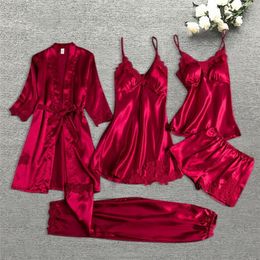 Pyjama Set Women Lace Trim Satin Sleepwear Pyjamas Pour Femme Summer Nightwear With Pants Casual Home Wear Kimono Robe Gown PJS 220527