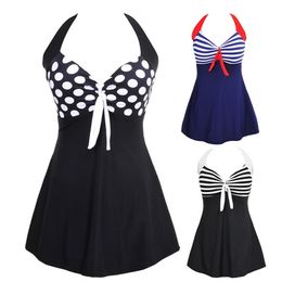 2020 Sexy Plus size Striped Halter Skirt Swimwear Women 1pc Suits Swimsuit Tankini Female Bathing suit Swimwear Dress 4XL T200708