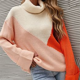 Autumn Winter Contrast Colour Loose Sweater Women Pullover Fashion Tops Women Womens Turtleneck Korean Fashion Clothing 220817