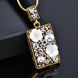 Pendant Necklaces Vintage Double Rectangle Inlaid White Flowers Grey Pearls Full Paved CZ Black Gun Plated Long Necklace ZD1 XS2Pendant