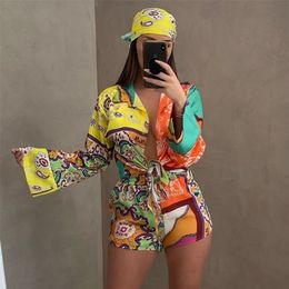 3 Pieces Set Sexy Summer Autumn Fashion Women Set Female Tops Floral Print Long Sleeve Shirt And Elastic Waist Shorts Scarf 220527