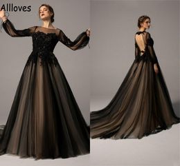 Vingage Black A Line Wedding Dresses Long Sleeves Lace Appliqued Tulle Bridal Gowns CL0958