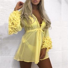 Summer Puff Sleeve Beach Dress Women Beachwear Swimwear Bikini Cover Up Tunic Kaftan Pareo Ladies Boho Robe 220527