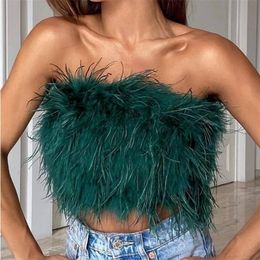 Sexy Furry Crop Top Camis Women Ostrich Feather Tank Tunic Vest Sleeveless Bra Night Club Party Female Tube Cropped Tops 220325