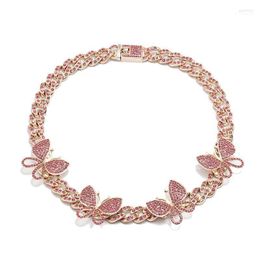 Chokers Hip Hop Pink Crystal Rose Gold Cute Butterfly Pendant Necklace Women's Miami Cuba Curb Chain Rock Charm Jewellery Godl22