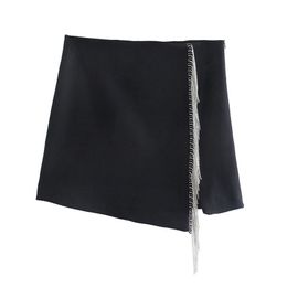 TRAF Women Fashion With Bejewelled Fringe Detail Mini Skirt Vintage High Waist Side Zipper Female Mujer 220322