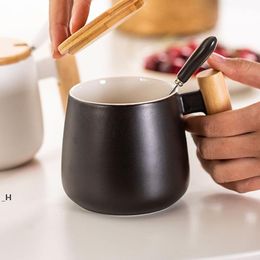 360 ml 12 oz Nordic New Design Simple White Black Ceramic Coffee Mug with Wooden Handle Water Cup for Business Gift Modern GCE13972