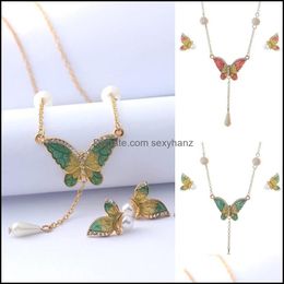 Earrings Necklace Jewellery Sets Imitation Pearl Butterfly Pendant Ladies Colorf Set Drop Delivery 2021 Ur2Y0