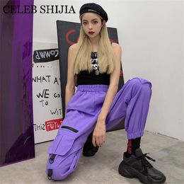 Hot Big Pockets Cargo pants women High Waist Loose black Streetwear pants Baggy Tactical Trouser hip hop purple joggers pants 201012