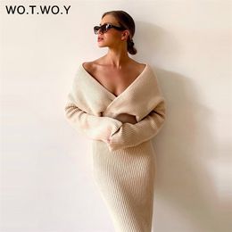 WOTWOY Sexy V Neck Sweater and Skirt Knitted Two Piece Set Women Split Wrapped Skirt and Cropped Top Set Women 2020 Autumn Suits LJ201120