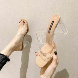 2022 summer new transparent one line sandals for women wearing high-heeled crystal heels