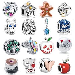 925 Sterling Silver Dangle Charm Coffee Fox Owl Apple Freehand Heart Clip Beads Bead Fit Pandora Charms Bracelet DIY Jewelry Accessories