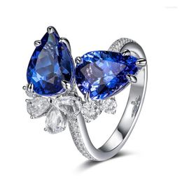 Wedding Rings Trendy Silver Plated Blue Water Drop Zircon Flower Open For Women Shine CZ Stone Inlay Fashion Jewellery Band Wynn22