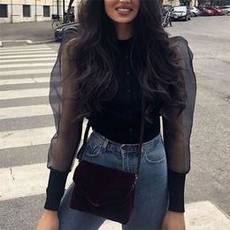 Women sexy stylish solid black blouse long puff sleeve stretchy transparent O neck female casual chic brand tops blusas T200320