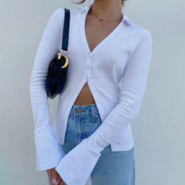 Women's Blouses & Shirts White Solid V Neck Ribbed Female Button Up Slim Casual Tops And Long Sleeve Basic Autumn TeesWomen's