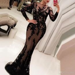 Elegant Long Sleeve Evening Dresses Vestidos Black Applique Long Prom Dresses Arabic Dubai Mermaid Formal Evening Gowns