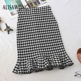 Arrivals Women Vintage Wrap Skirt Fashion Ladies Black White Plaid Lotus Leaf Hem Midi Skirts Clothing 210306