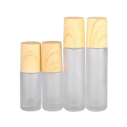 5ml 10ml Frosted Glass Roll On Bottles Refillable Empty Essential Oil Perfume Roller Bottle with Stainless Steel Roller Balls and Wood Grain Plastic Lids