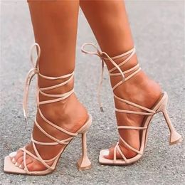 Plus Size Summer Sexy Lace Up Women Sandals Square Toe Spike Heel Cross Tied Party Shoes High Heels Pumps Zapatillas Mujer 220406