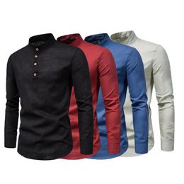 Men's Dress Shirts Men 's Autumn Cotton Linen Long Sleeve Blouse Business Shirt Anti-wrinkle Stand Collar Slim Formal Breathable TopsMen