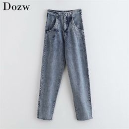 Women High Waist Fashion Blue Jeans Harajuku Pleated Long Mom Pants Ladies Casual Pockets Denim Trousers Streetwear 210515