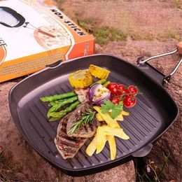 Non-sticky Cast Iron Steak Frying Pan For Eggs Ham Wooden Handle Folding Portable Square Grill Pan Non-stick Steak Frying Pan T200523