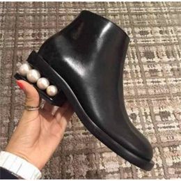 Martins boots round head boots leather square heel womens shoes autumn and winter European and American pearl side zipper boots 201103