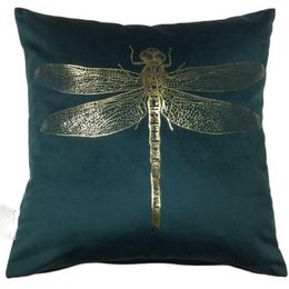 Cushion/Decorative Pillow Selling Insect Foil Printing Square Velvet Dragonfly Cushion Cover Gold Stamping Throw Pillowcase Shiny