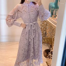 Casual Dresses Women Long Dress Luxury Runway Single-breasted Stand Collar Purple Lace Sexy Hollow Out Embroidery Lantern Sleeve Female