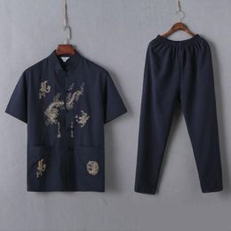 men dragon shirt chinese Canada - Ethnic Clothing Male Chinese Traditional Costumes Set 2PCs Shirts Trousers Breathable Cotton Dragon Embroidery Men Year Tang SuitEthnic EthE