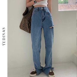 Jeans de perna larga de Yedinas Mulheres da cintura alta jeans da calça vintage hole de streetwear hole de fundo cortado de comprimento total 210527