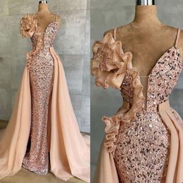 Sequined Mermaid Pink Evening Dresses Spaghetti Strap Beaded Party Gown Detachable Train Celebrity Prom Dress Custom Made