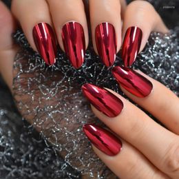 False Nails Short Medium Stiletto Metallic Press On Almond Burgundy Mirror Glossy Fake Set Full Cover Pure Color Nail Tips Prud22