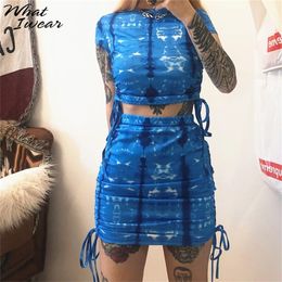 Women Skirts Suits Tiedye Female Casual Sets Tie Up Two Pieces Show Navel Slim Stretchy Crop Tops Summer High Waist Girl Outfit