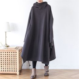 Johnature Women Gray Pullover Hooded Sweatshirts Warm Cloak Autumn Plus Size Women Clothes Terry Vintage Long Hoodies 201203