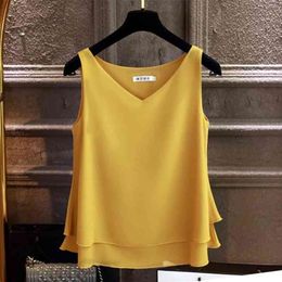 Fashion Brand Women's blouse Tops Summer sleeveless Chiffon shirt Solid V-neck Casual blouse Plus Size 5XL Loose Female Top 210326