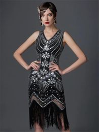 Casual Dresses 1920s Flapper Dress Great Gatsby V-Neck Cap Sleeve Sequin Fringe Party Midi Vestido De Verano Summer Women DressCasual