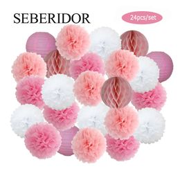 Baby Boy Girl 1st Birthday Party Favour Pink White Set Round Paper Ball Lantern Folding Baptism Wedding Decor Honeycomb Pompom 220527