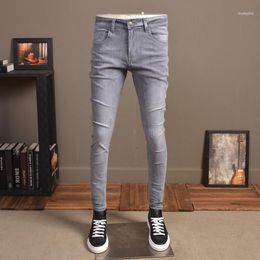 Solid Gray Jeans Men 2022 Tapered Pants Stretch Slim Fit Denim Fashion Scratched High Quality Mens Jean