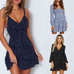 Summer Women Dress V Neck A Line Sexy High Waist Dot Printing Mini Dresses Vestidos Back Lacing Straps Backless Dress XXXL 210322