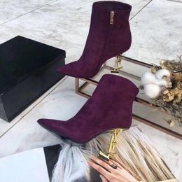 Elegant Fashion Opyum black leather ankle boots Round Toe High Heels Zip spool Heels Sexy Women Booty Ladies Bottes Booties EU35-43 Box